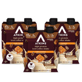 Atkins envase frontal del batido café caramelo mostrando información nutricional y diseño