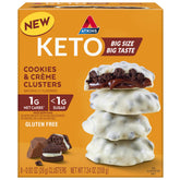 Atkins paquete frontal de Cookies & Crème Clusters mostrando presentación y beneficios