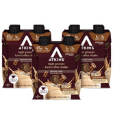 Atkins mocha latte frente del envase mostrando diseño y conveniencia