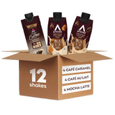 Atkins pack frontal con los tres sabores mostrando conveniencia y proteína