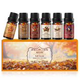 Auelife set otoñal frontal con seis frascos ámbar mostrando variedad y atmósfera acogedora