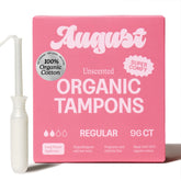August paquete frontal mostrando 96 tampones orgánicos, cómodo almacenamiento