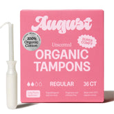 August empaque frontal de tampones orgánicos muestra protección suave