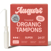 August paquete frontal mostrando 24 tampones y beneficios hipoalergénicos