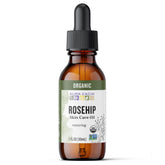 Aura Cacia botella frontal de rosa mosqueta mostrando pureza y tamaño práctico