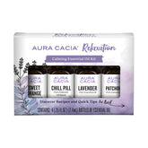 Aura Cacia packaging frontal mostrando los cuatro frascos y beneficios relajantes