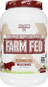 Axe & Sledge envase Farm Fed vista frontal con sabor chocolate milkshake y beneficios claros