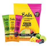 BALA pack frontal mostrando sobres y sabores, beneficio hidratación rápida