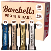Barebells pack frontal mostrando los cuatro sabores y conveniencia