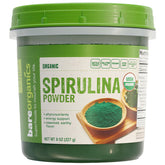BareOrganics frasco frontal de espirulina orgánica, presentación reutilizable y sin BPA