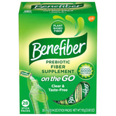 Benefiber on the Go frontal del paquete mostrando 28 sobres y conveniencia