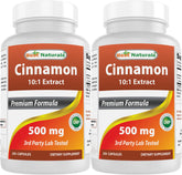 Best Naturals frasco de canela 500 mg, vista frontal y práctico suministro