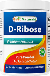 Best Naturals frasco frontal de D-ribosa, presentación de 1 libra y etiqueta clara