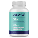 BESTVITE envase frontal de PABA 500 mg mostrando información clave y beneficio de pureza
