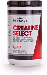 Beverly International envase frontal de Creatine Select mostrando 40 servicios y sabor naranja