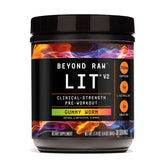 BEYOND RAW bote frontal mostrando diseño y sabor Gummy Worm beneficios visuales