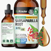 Bio Krauter frasco frontal de sarsaparilla mostrando etiqueta clara y beneficios