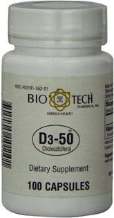 Bio-Tech Pharmacal frasco D3-50 frente, destaca pureza y dosis alta