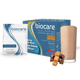 Biocare empaque frontal mostrando sabor chocolate caramelo salado y beneficios clave
