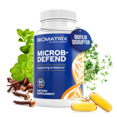 BioMatrix envase Microb-Defend frente mostrando 90 softgels, apoyo intestinal