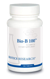 BIOTICS RESEARCH envase frontal de Bio-B 100 mostrando etiquetas y beneficios