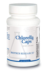BIOTICS RESEARCH frasco frontal de chlorella 180 cápsulas, presentación clara y compacta