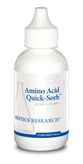 BIOTICS RESEARCH frasco frontal de Amino Acid Quick Sorb mostrando la etiqueta y beneficios