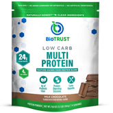 BioTrust frente del envase mostrando sabor chocolate y 24 g proteína