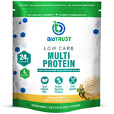 BioTrust envase frontal de vainilla mostrando información clara y beneficio de proteínas