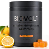BIOVOLT frasco de gomitas creatina vista frontal, práctico y portable