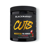 BLACKMARKET CUTS frente del envase con diseño y sabor watermelon, aporta energía pre entreno