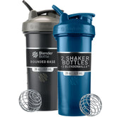 BlenderBottle frentes del pack negros y azul marino mostrando diseño y capacidad