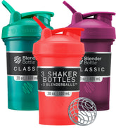 BlenderBottle Classic V2 frontal mostrando los tres colores y beneficio de paquete múltiple