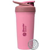 BlenderBottle vista frontal rosa mostrando tapa a prueba de derrames y diseño resistente