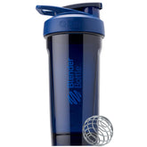 BlenderBottle frontal azul mostrando diseño y capacidad, práctico para transporte