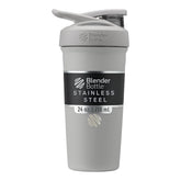 BlenderBottle vista frontal del shaker gris con tapa sellada y diseño elegante