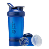 BlenderBottle ProStak frontal azul mostrando botella y frascos, organización portátil