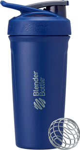 BlenderBottle Strada vista frontal con tapa azul, cierre seguro y diseño aislante