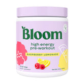 Bloom Nutrition frasco frontal mostrando etiqueta y sabor frambuesa-limonada, ideal para elegir producto