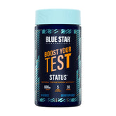 Blue Star Status vista frontal del envase que muestra suplemento y dosis