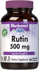 BlueBonnet frasco frontal de Rutin 500 mg mostrando etiqueta y beneficio vascular