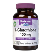 Bluebonnet frasco de cápsulas vegetales L‑Glutathione mostrando etiqueta y beneficios
