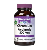 BlueBonnet envase frontal de Chromium Picolinate 500 mcg mostrando certificaciones y beneficios