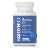 BodyBio Balance Oil vista frontal de la botella mostrando diseño y tamaño, transmite confianza
