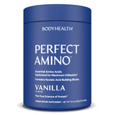 BodyHealth envase frontal de PerfectAmino vainilla mostrando diseño y 60 servicios