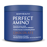 BodyHealth PerfectAmino frente del envase muestra sabor chocolate y porciones