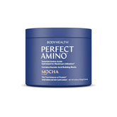 BodyHealth envase frontal de PerfectAmino mocha con etiqueta clara y raciones visibles