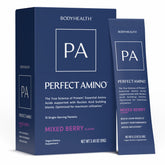 BodyHealth envase PerfectAmino de frente mostrando sobres Mixed Berry y conveniencia