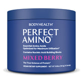 BodyHealth frasco frontal con diseño y sabor mixed berry visible, beneficios claros