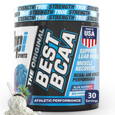 BPI Sports envase frontal del Best BCAA mostrando sabor Blue Raspberry y beneficios
